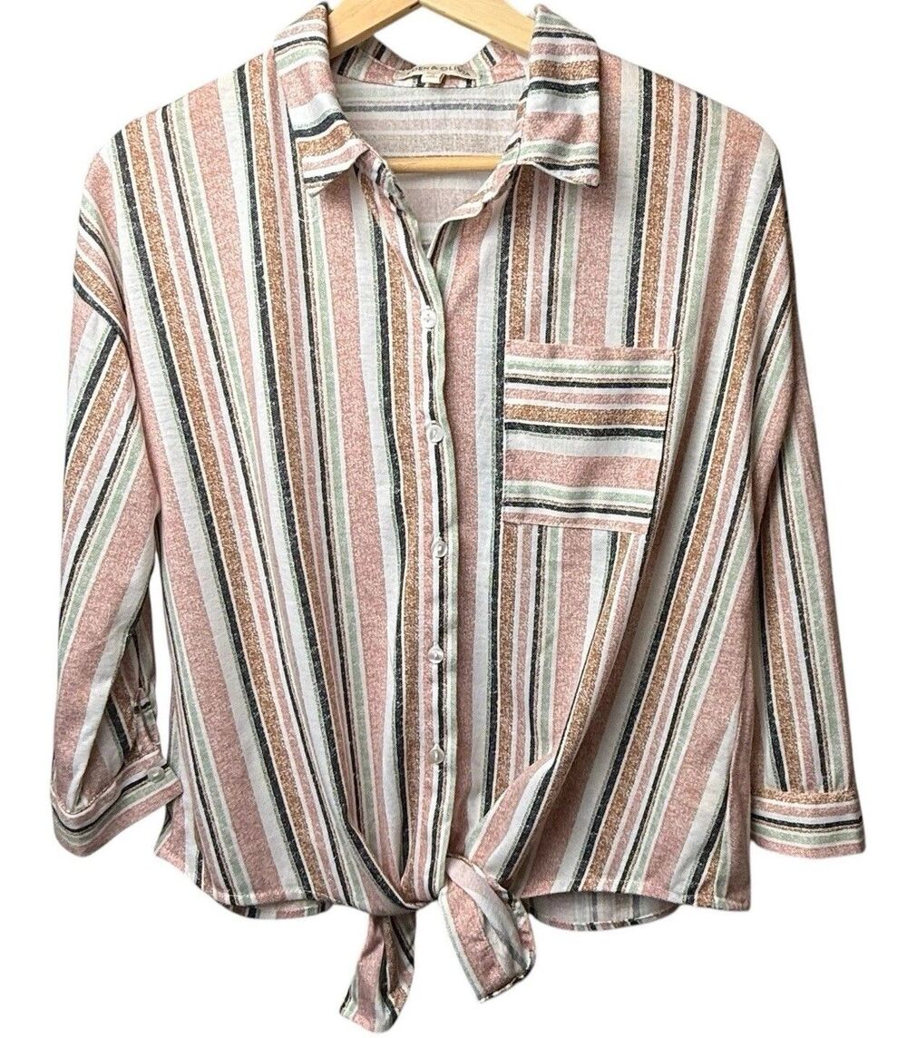 Eden & Olivia Anthropologie Stripe‎ Blouse Small Button Up Tie Hem 3/4 Sleeve